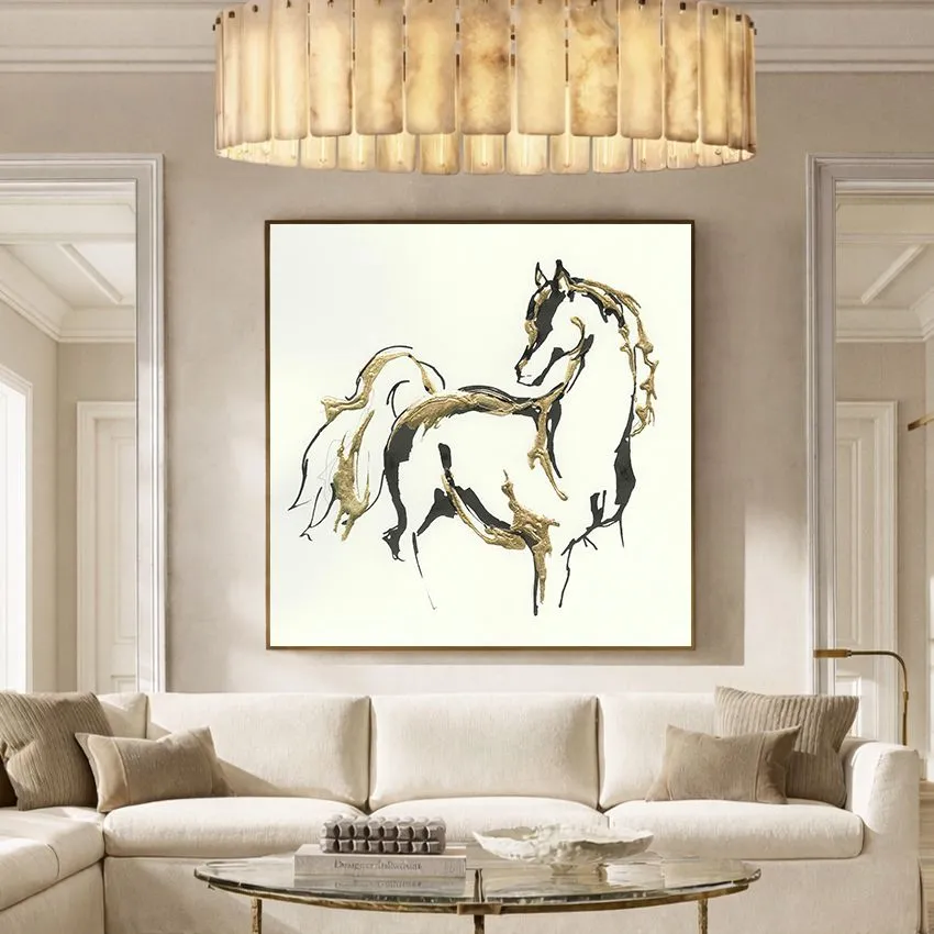 Modern Gold Line Horse on White Horse Wall Art II