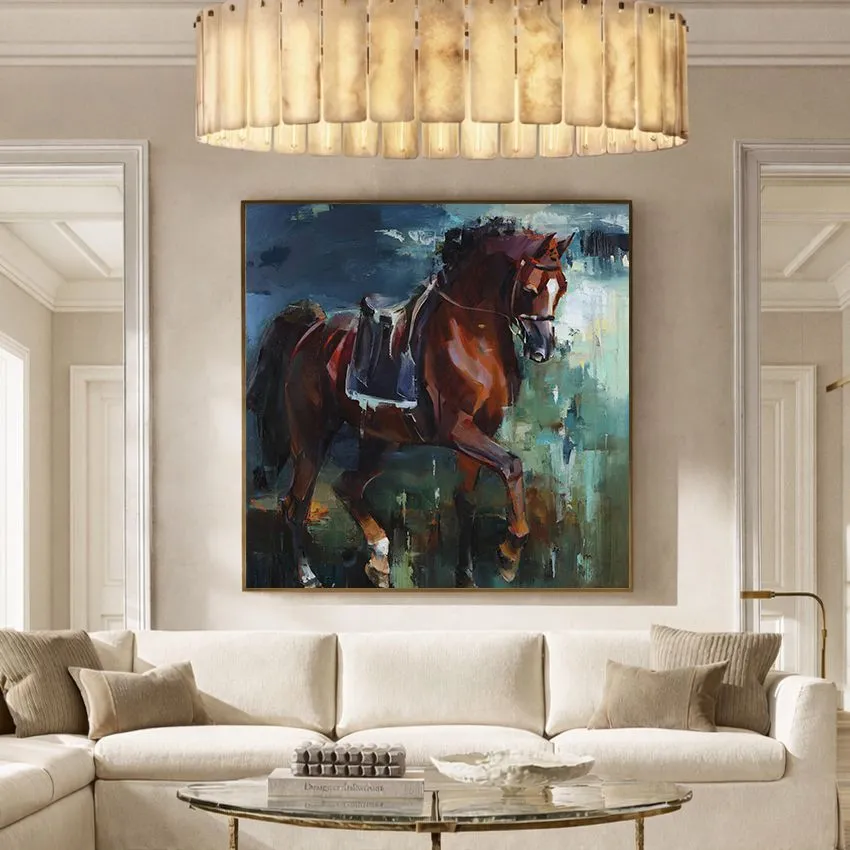 Chestnut Saddled Horse Abstract Blue Green Square Wall Art
