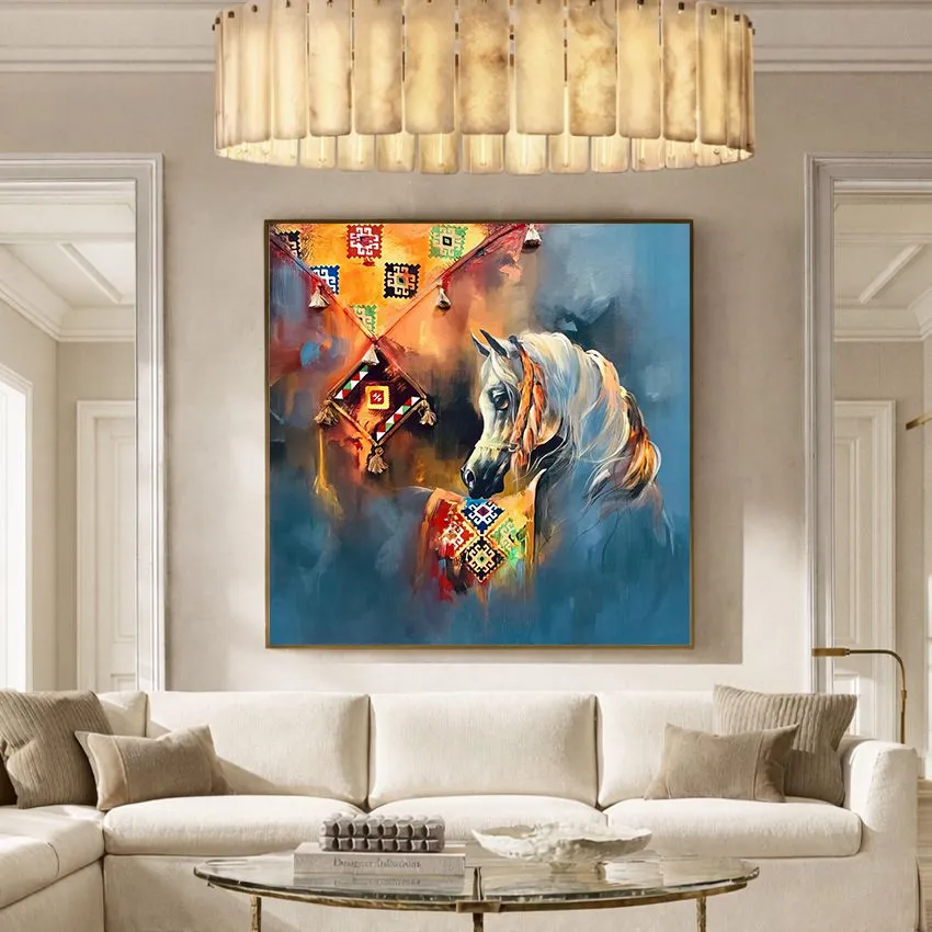 White Arabian Horse Colorful Sadu Patterns Wall Art