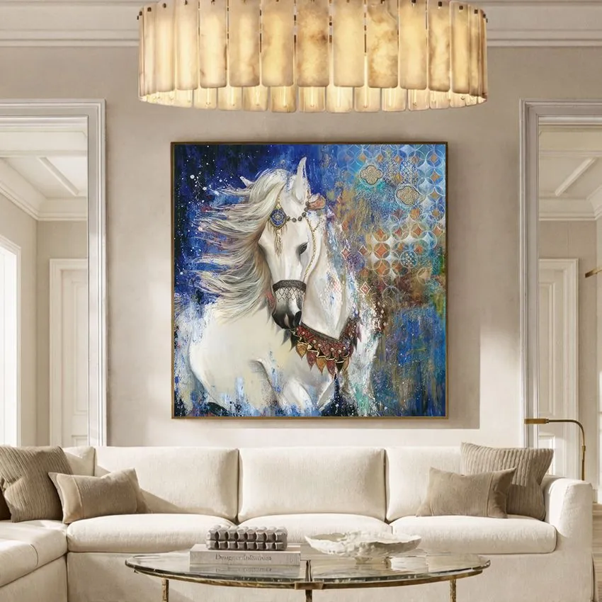 White Horse Blue Textured Colorful Wall Art