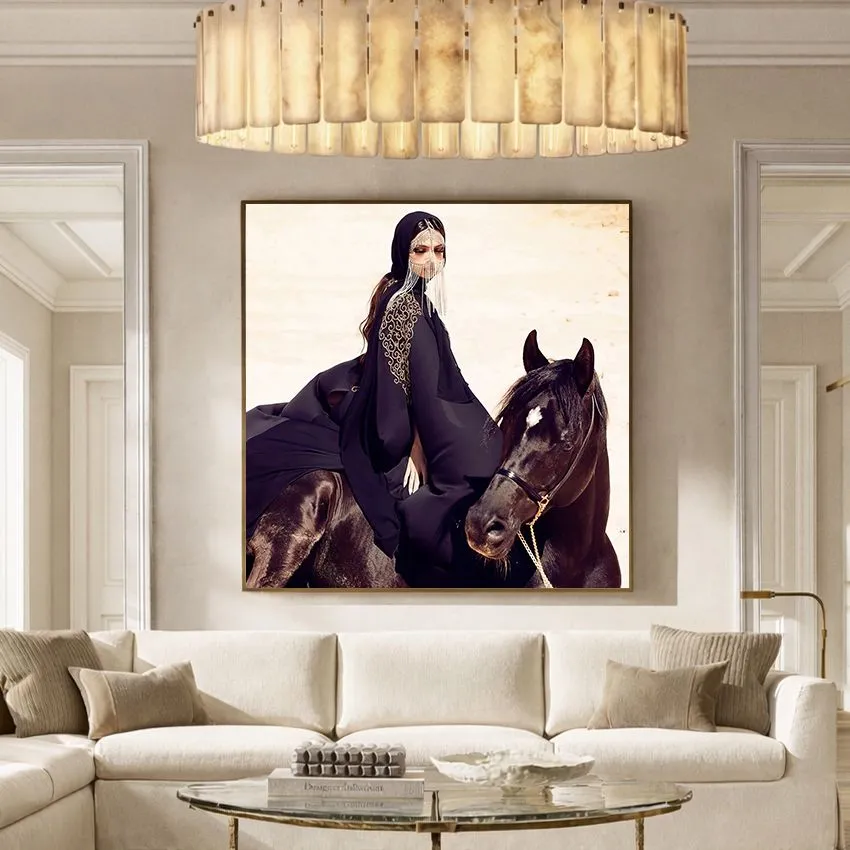 Woman Abaya Falcon and Black Horse Wall Art