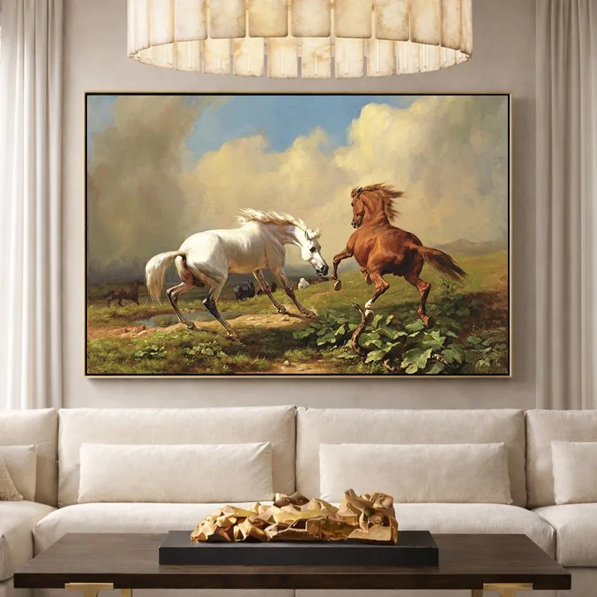 White and Chestnut Horses Meadow Clouds Wall Art