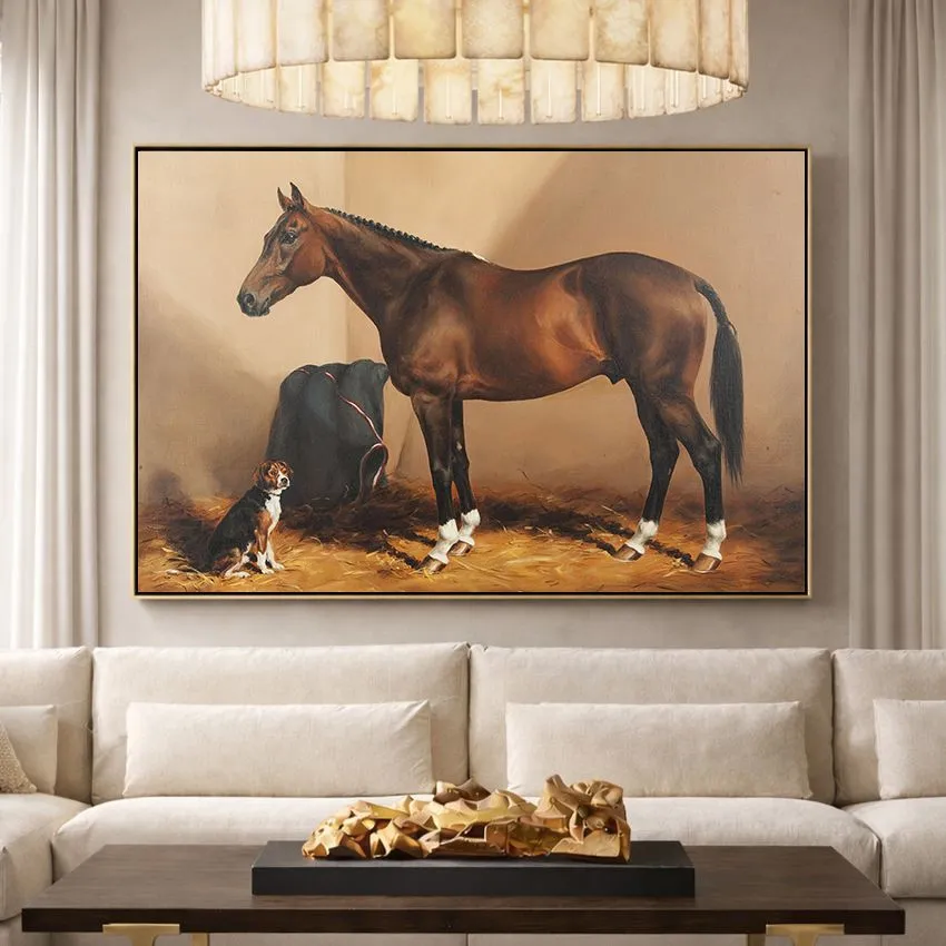 Bay Horse with Dog in Stable Wall Art