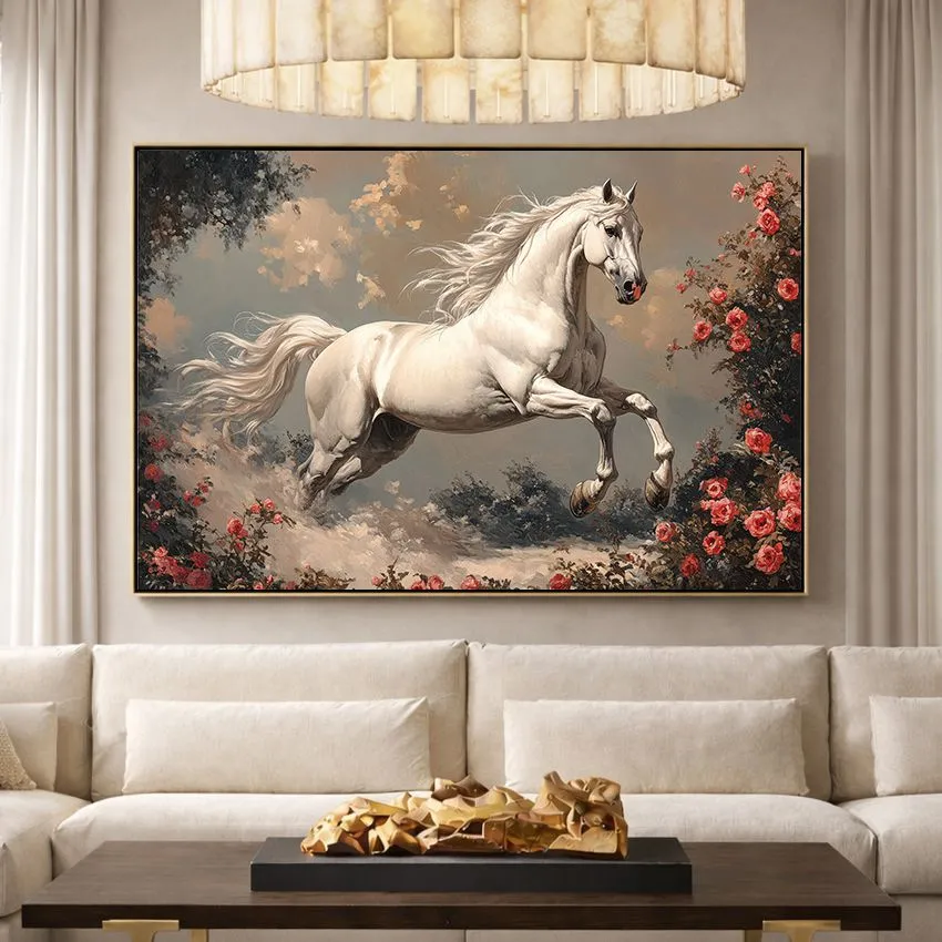 White Horse Among Red Roses Wall Art