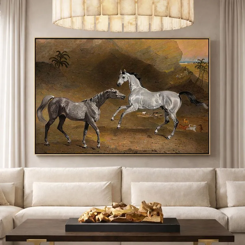 Grey and White Horses Palm Trees Wall Art