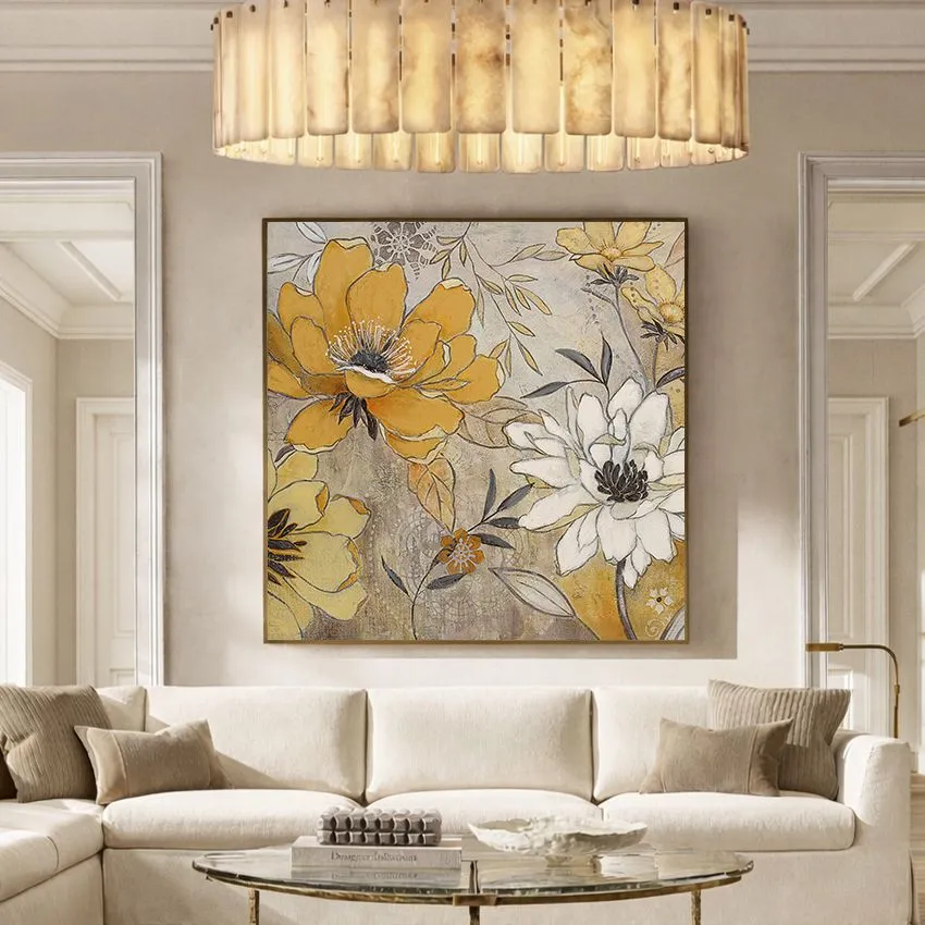 Modern Yellow and White Flowers Line Art Floral Wall Art