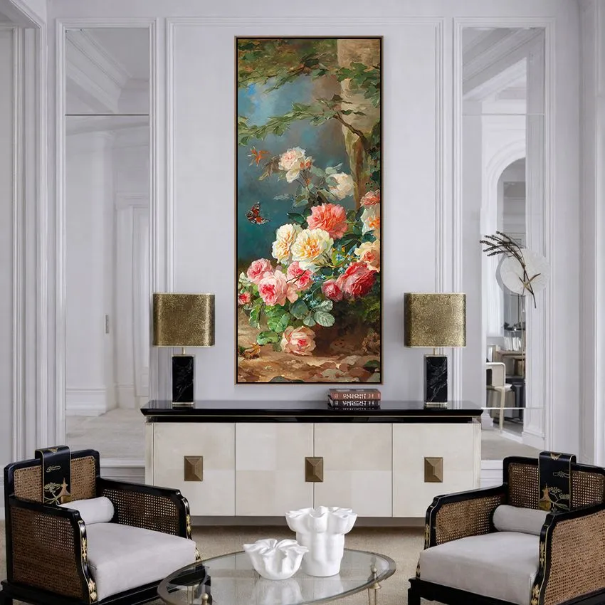 Classic Pink Roses Climbing in Garden Floral Wall Art