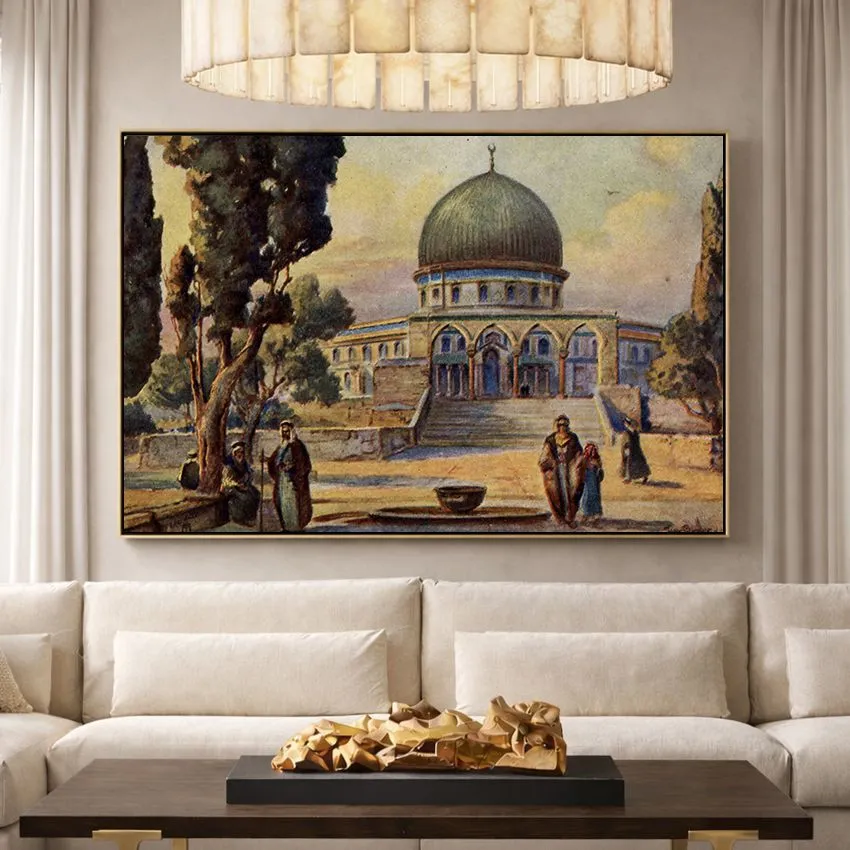 Historic Dome of the Rock Courtyard with Worshippers Al-Quds Wall Art