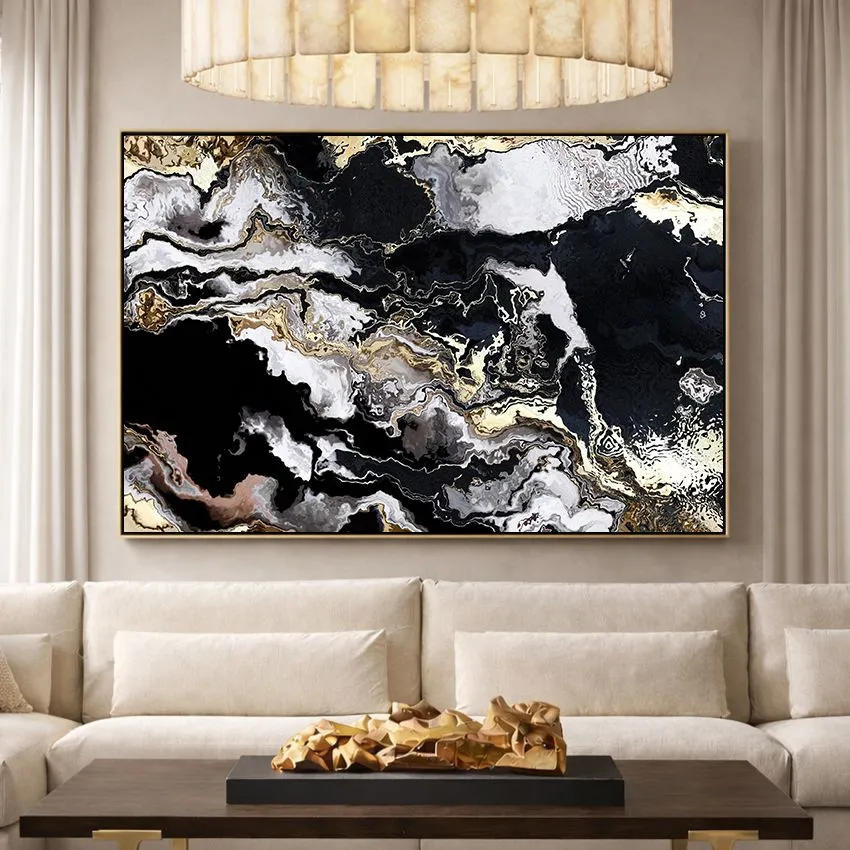 Bold Black White Grey Marble Abstract Wall Art for Luxury