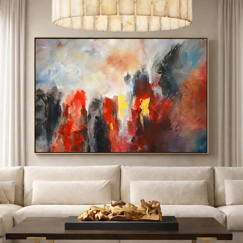 Striking Peach Red Grey Smoke Abstract Wall Art for Emotion