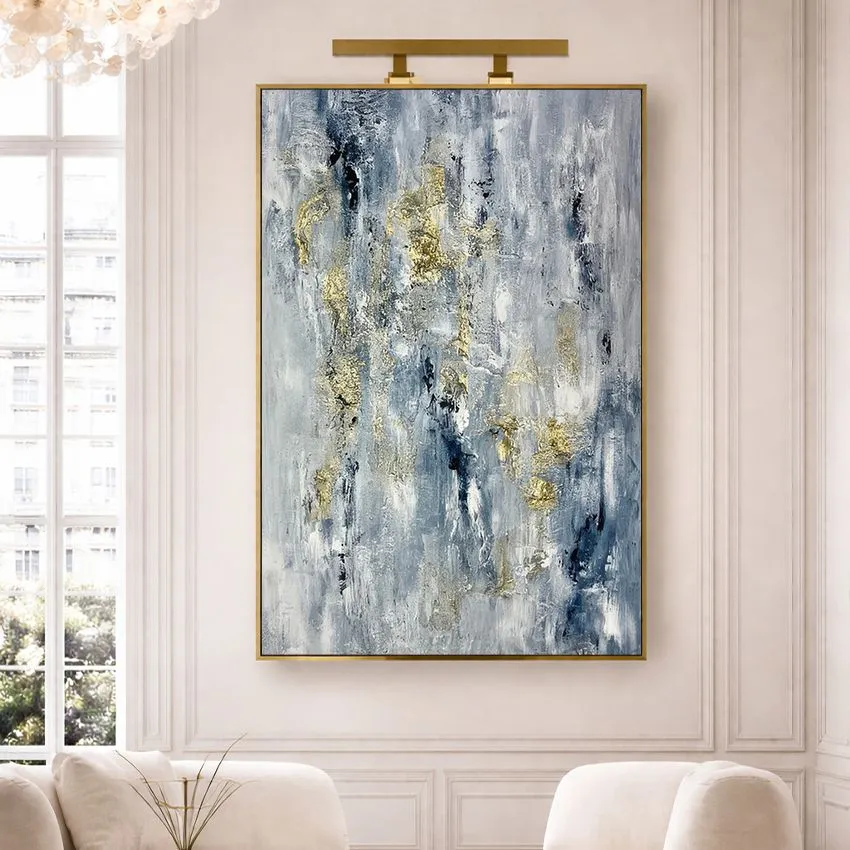 Rich Grey Navy Gold Speckled Vertical Abstract Wall Art for Luxury