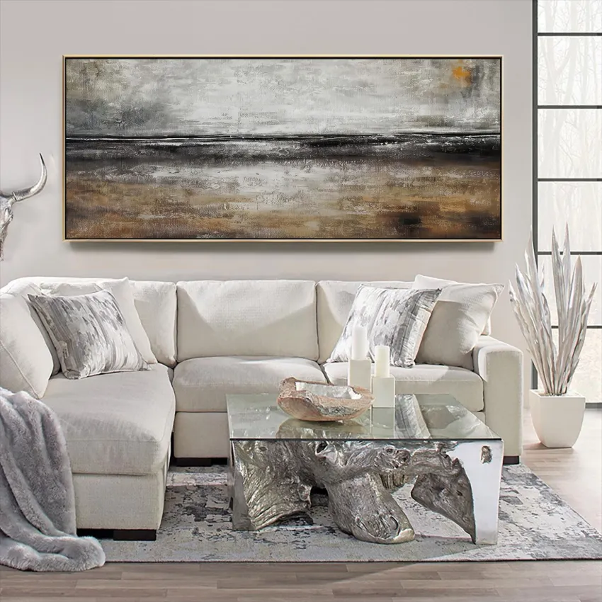 Moody Grey Black White Charcoal Band Abstract Wall Art for Depth