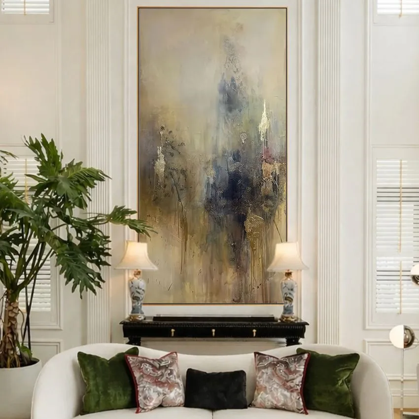 Moody Cream Navy Gold Smoky Drips Abstract Wall Art for Depth