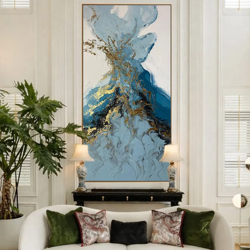 Luxurious Navy Teal Gold Fluid Split Abstract Wall Art for Elegance