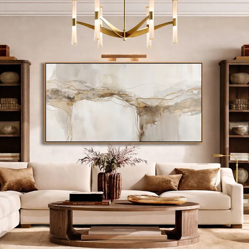 Soft Cream Brown Gold River Line Abstract Wall Art for Gentle Luxury