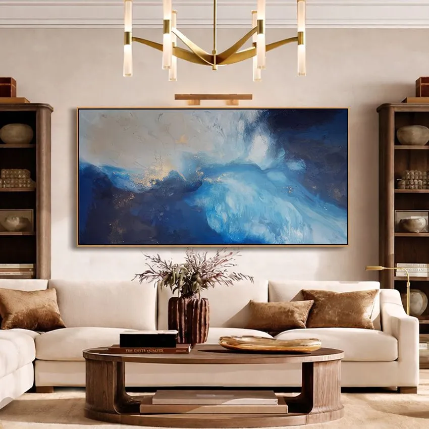 Bold Royal Blue White Rising Wave Abstract Wall Art for Power