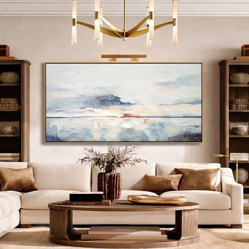 Calm White Blue Grey Low Horizon Sky Abstract Wall Art for Serenity