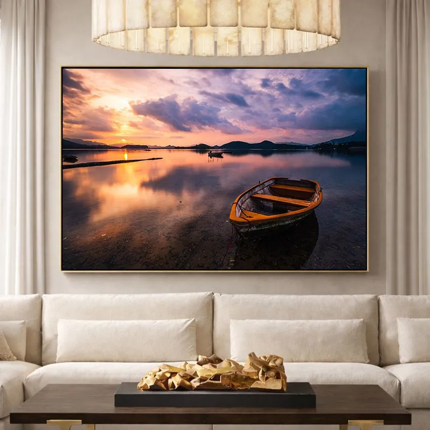 Wooden Boat on Lake at Purple Sunset Landscape Wall Art