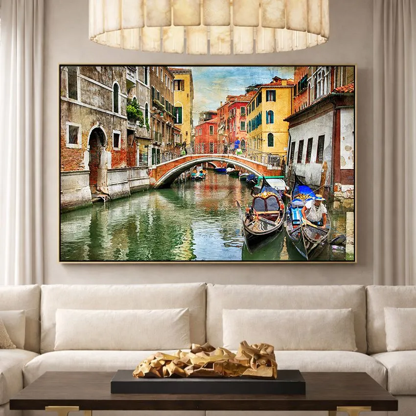 Venice Colorful Canal with Bridge and Boats Cityscape Wall Art
