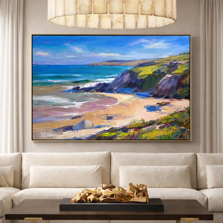 Rocky Cove with Golden Beach and Blue Sea Seascape Wall Art