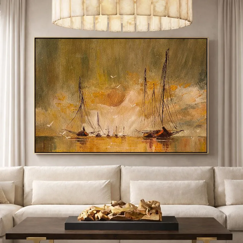 Ships in Harbor in Golden Fog Seascape Wall Art