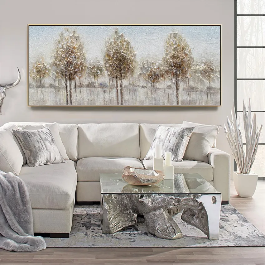 Textured Silver Leaf Trees Row Landscape Wall Art