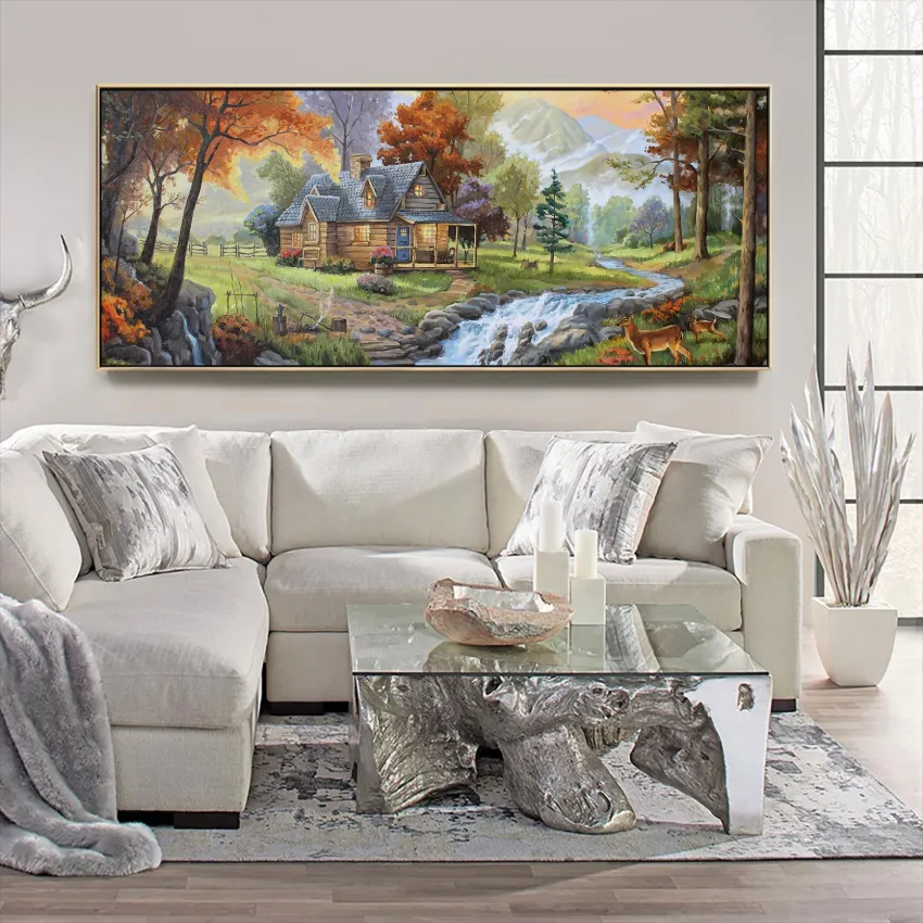 Cottage and Waterfall in Spring Valley Landscape Wall Art