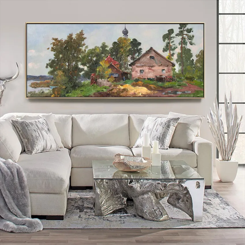 Pink Cottage and Red Flower Field Landscape Wall Art