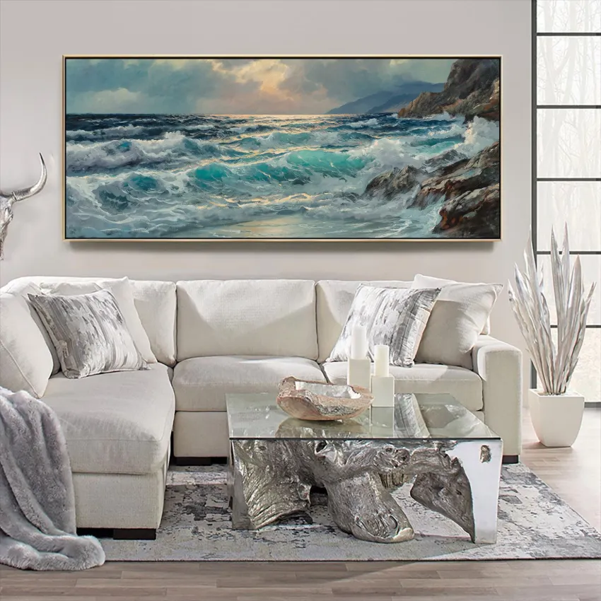 Turquoise Waves on Rocky Coast and Mountains Seascape Wall Art