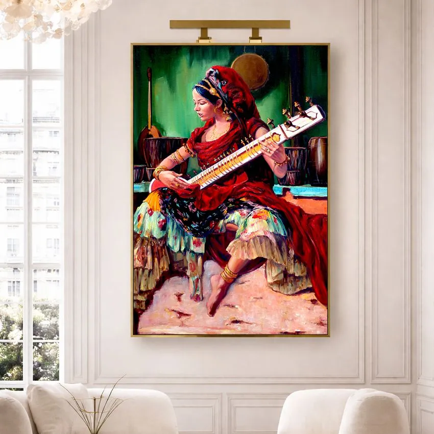 Woman in Vivid Dress Playing Strings – Orientalist Wall Art