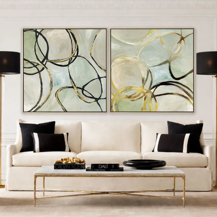 Elegant Sage Black Gold Lines Abstract Wall Art Set of 2 for Refinement