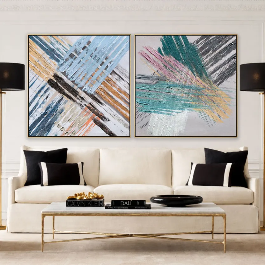 Dynamic Teal Pink Gold Feather Strokes Abstract Wall Art Set of 2 for Movement