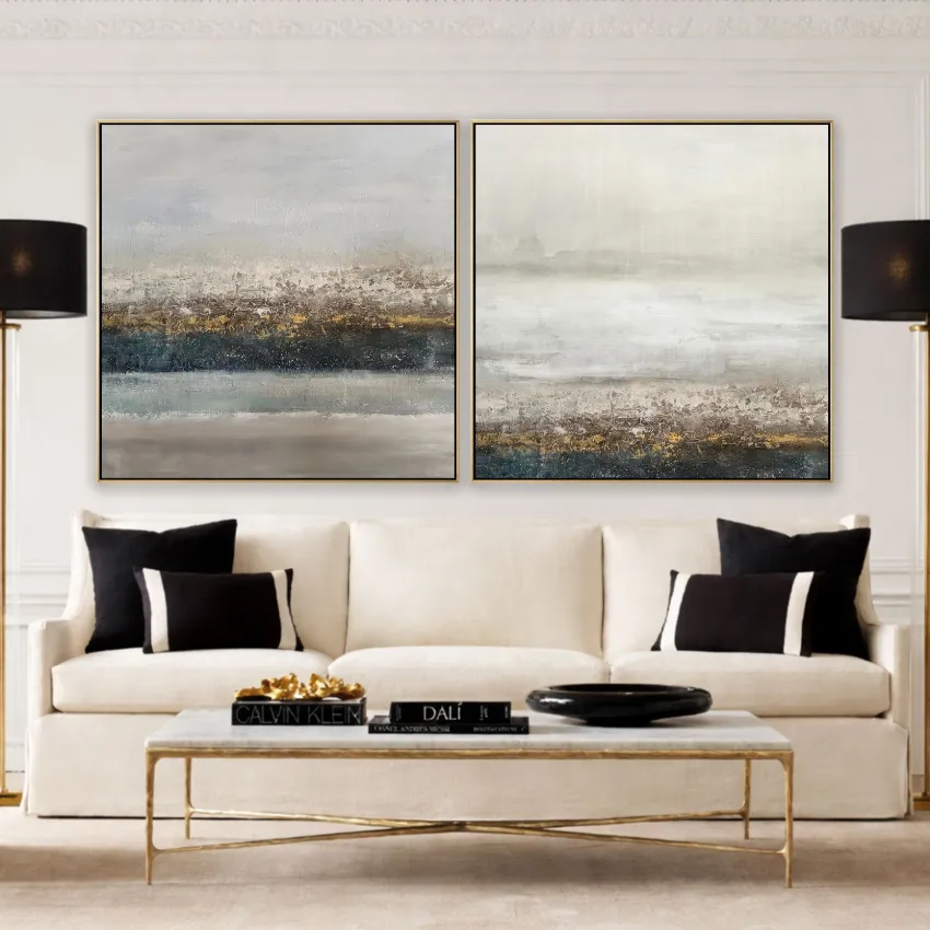 Calm Grey Gold Misty Shore Abstract Wall Art Set of 2 for Serenity