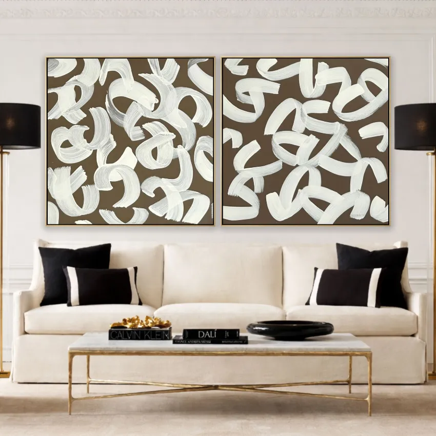 Graphic Brown Cream Brush Marks Abstract Wall Art Set of 2 for Warm Rhythm