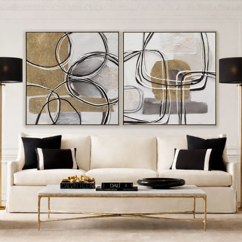 Elegant Grey Black Gold Ring Lines Abstract Wall Art Set of 2 for Modern Harmony