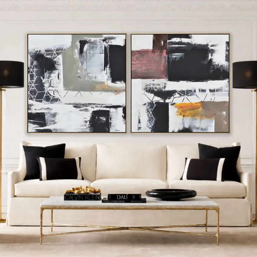 Modern Black White Maroon Blocks Abstract Wall Art Set of 2 for Bold Structure