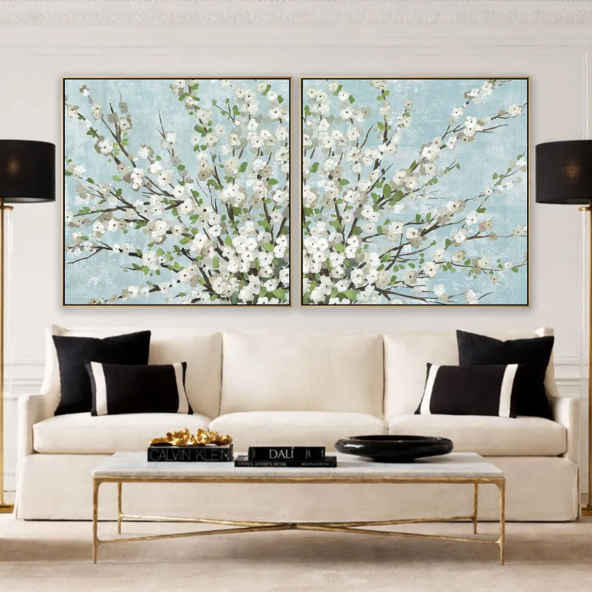 Modern White Blossoms on Sky Blue Floral Wall Art Set of 2
