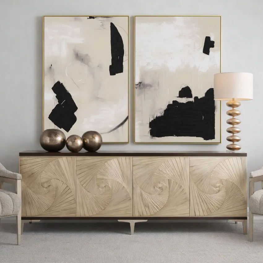 Modern Cream Grey Black Brush Shape Abstract Wall Art Set of 2 for Bold Calm