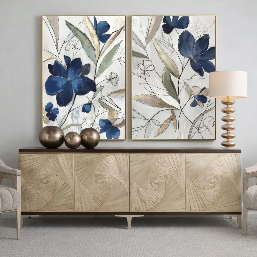 Modern Navy and Beige Leaves on White Floral Wall Art Set of 2