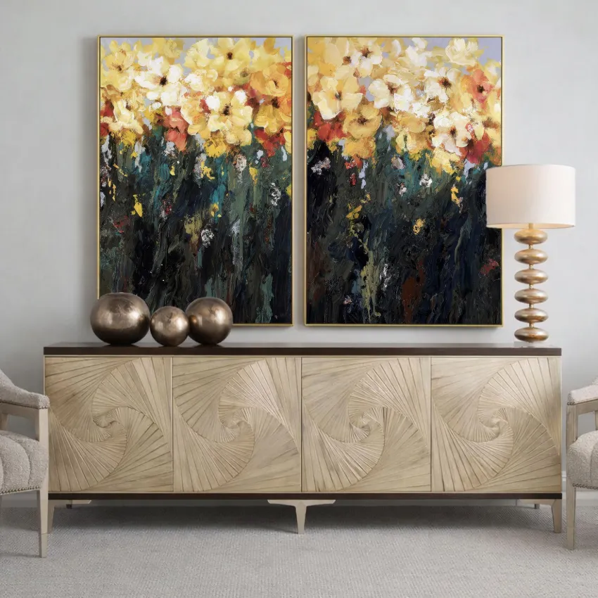 Abstract Yellow Flowers over Dark Blue Floral Wall Art Set of 2