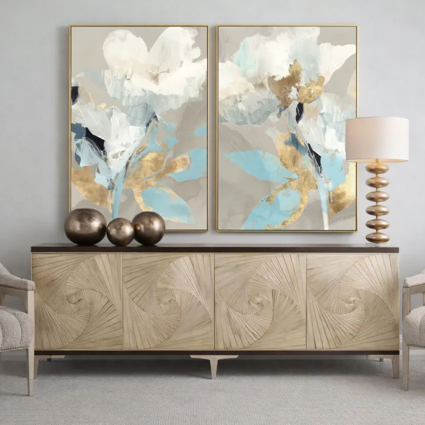 Abstract Pale Blue and Gold Petals Floral Wall Art Set of 2