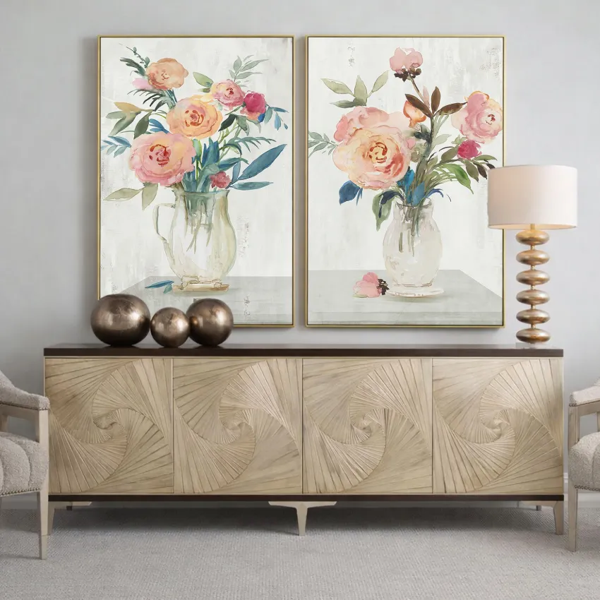Modern Pink Roses in Glass Vases Floral Wall Art Set of 2