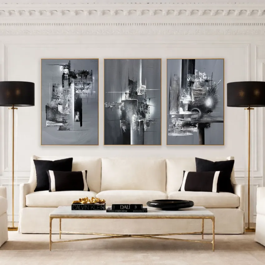 Striking Silver Grey Black Metallic Shapes Abstract Wall Art Set of 3 for Modern Edge