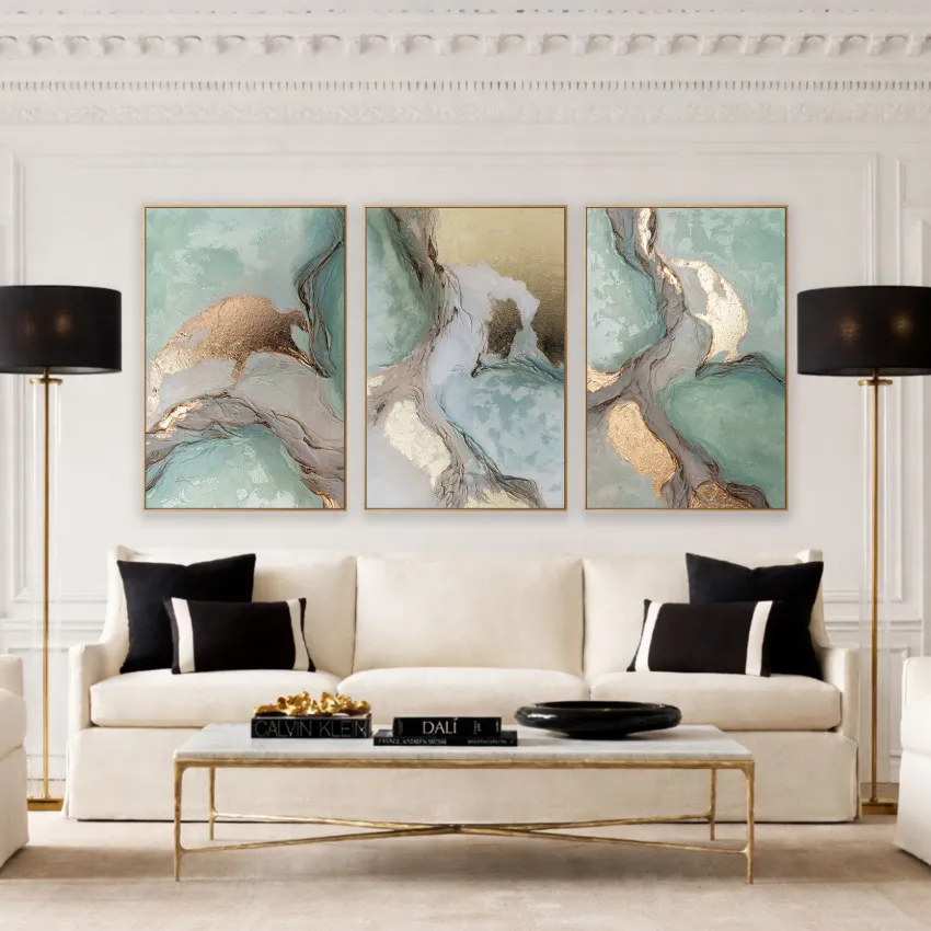 Elegant Sage Teal Gold Marble Shapes Abstract Wall Art Set of 3 for Refinement