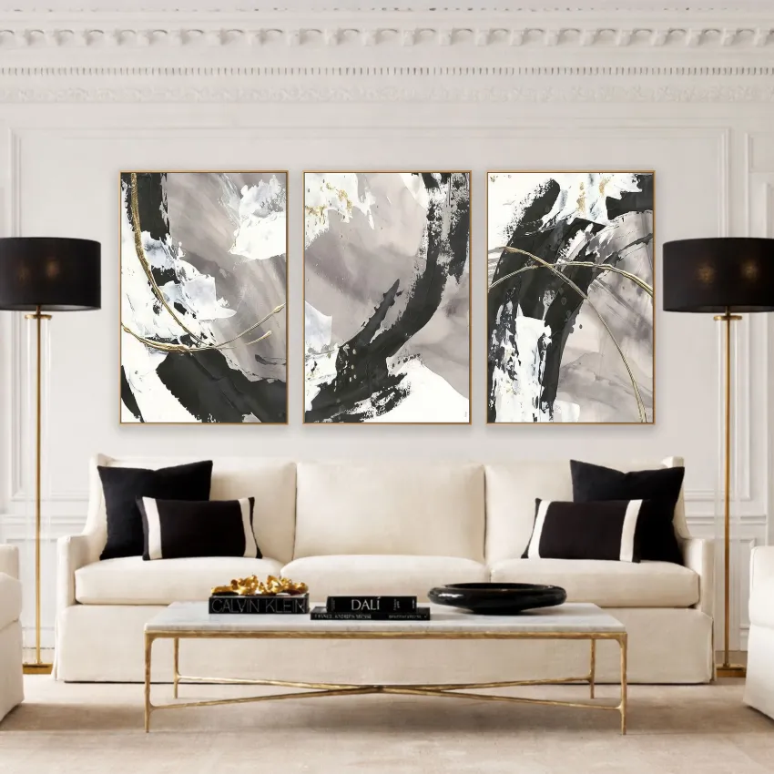 Bold White Grey Black Ink Swirl Panels Abstract Wall Art Set of 3 for Contrast