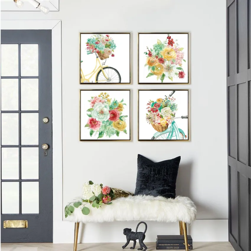 Modern Colorful Flowers and Bicycle Floral Wall Art Set of 4