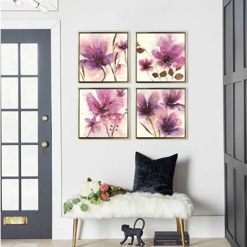 Modern Magenta Orchids on White Floral Wall Art Set of 4