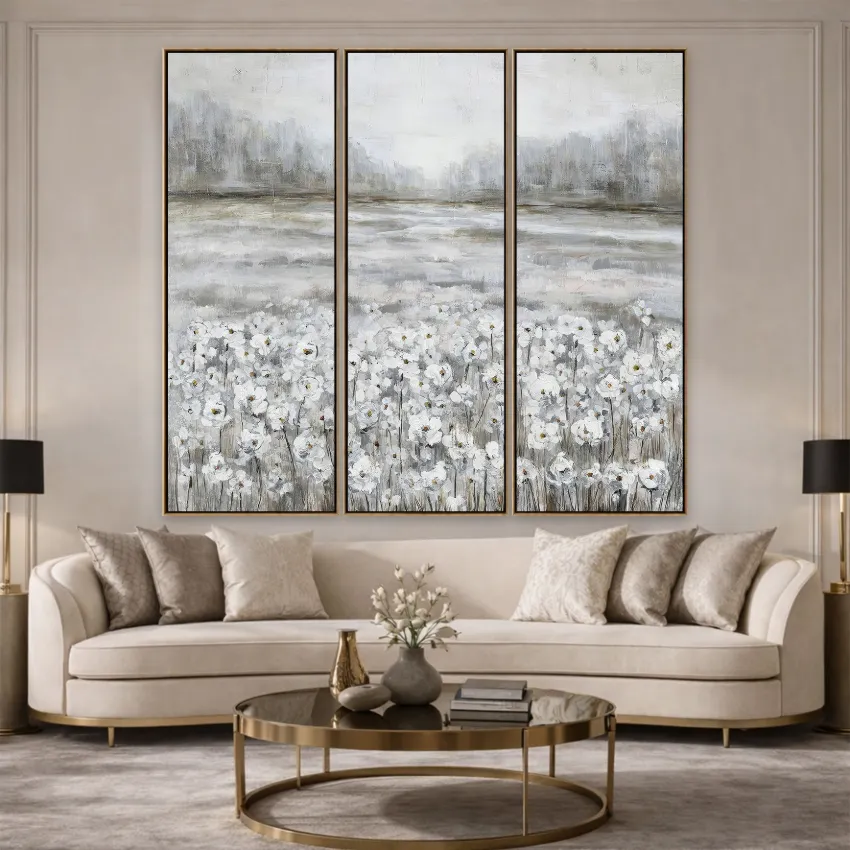 Impressionist Silver White Flower Meadow Floral Wall Art Set of 3