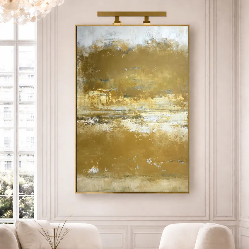 Rich Olive Gold White Brushed Shore Abstract Wall Art for Warm Luxury