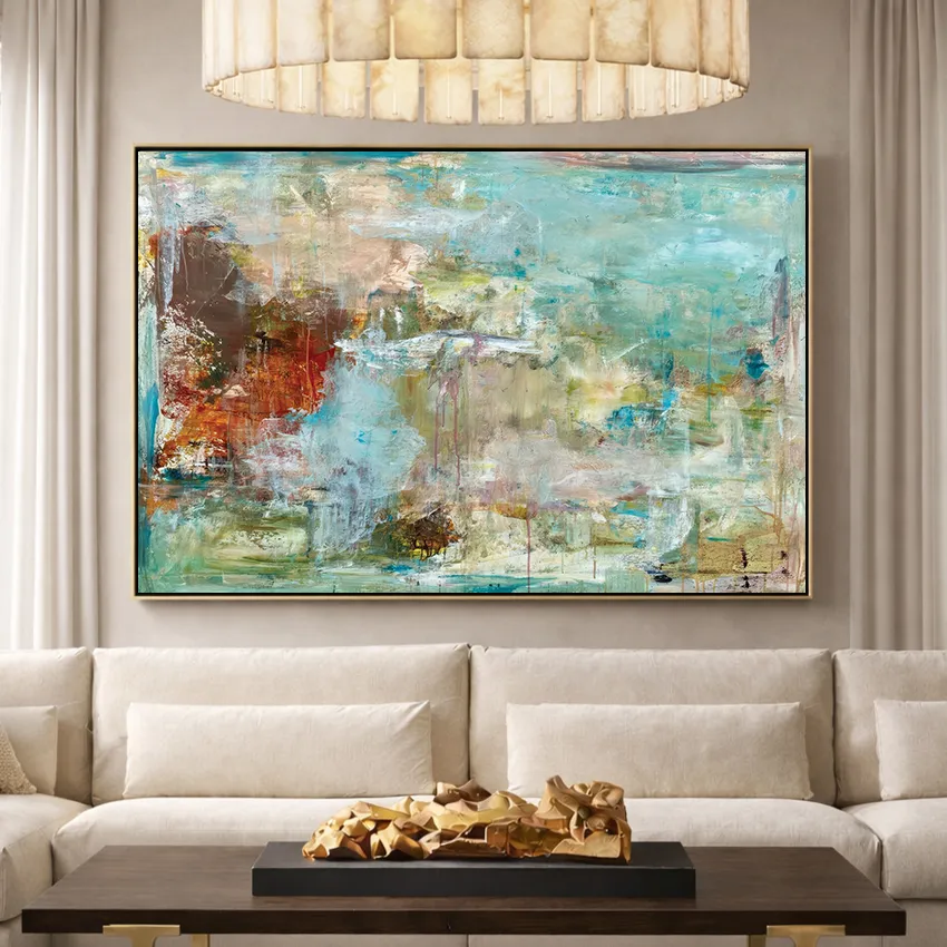 Fresh Turquoise Cream Gold Mottled Abstract Wall Art for Freshness